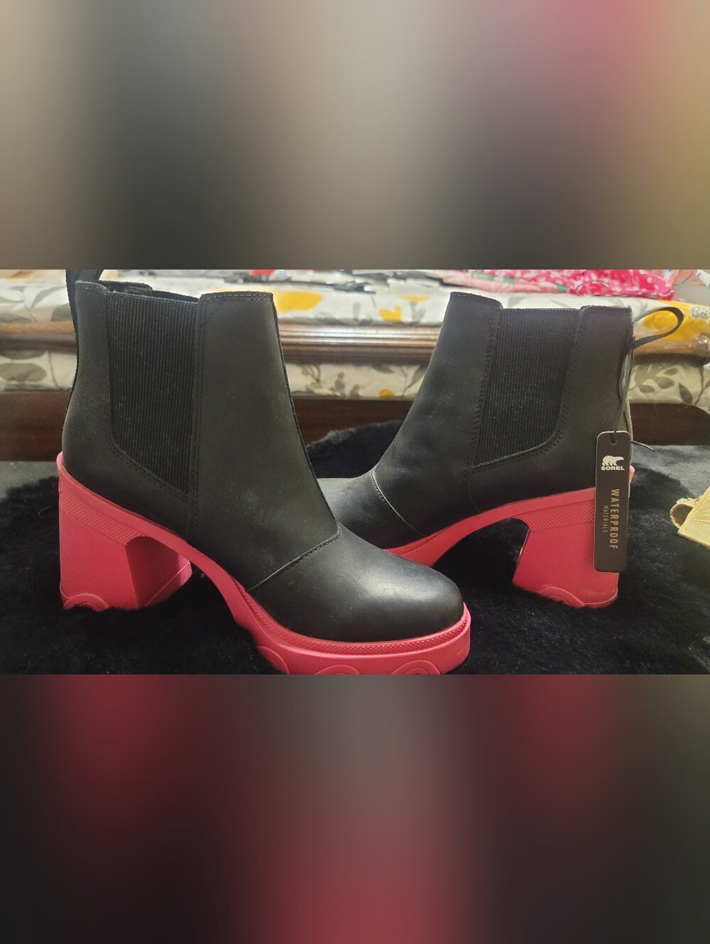 Sorel Black Ankle Rain Boots with Pink Block Heel